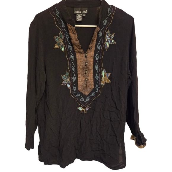 Carole Little Black Floral Embellished Vintage Blouse Size 10 Boho - Picture 1 of 7